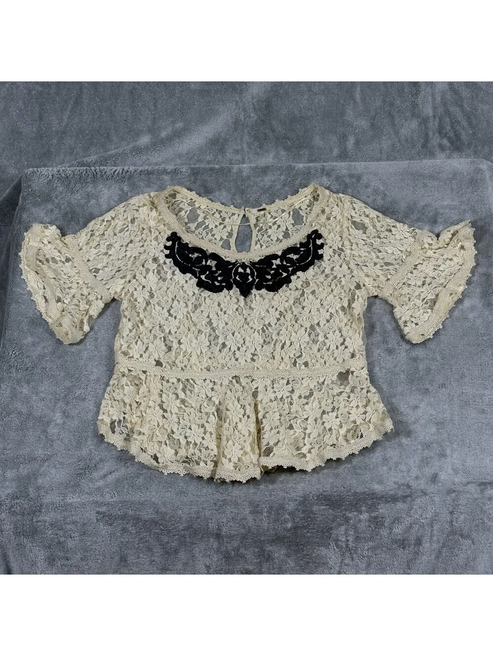 Free People Sz. Lg. With Flair Peplum Top Ivory Lace Black Applique Bell Sleeve